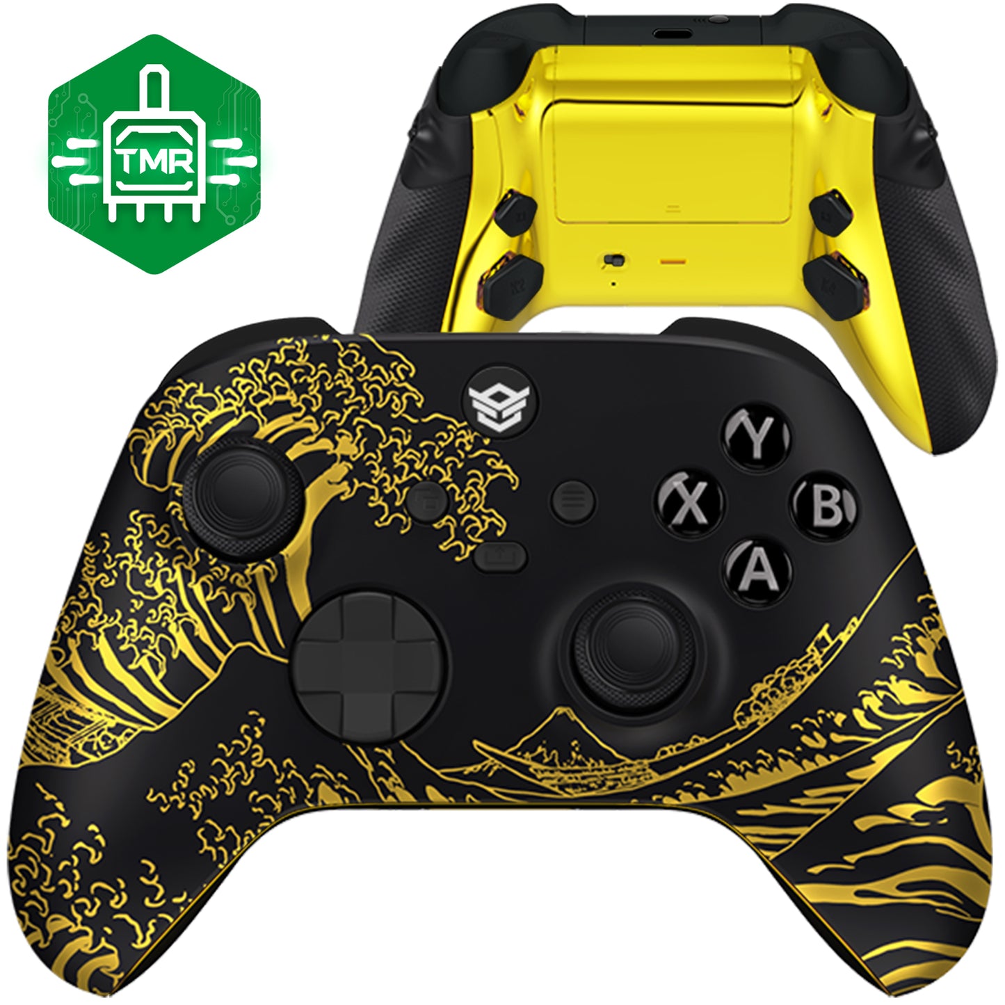 HEXGAMING ADVANCE Controller with TMR Joysticks & Adjustable Triggers for XBOX, PC, Mobile - Black Golden Waves